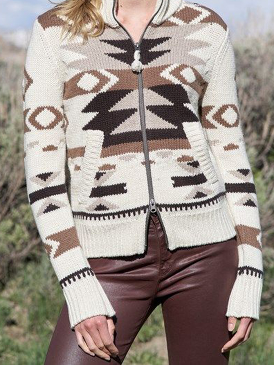 Retro printed zipper knitted cardigan