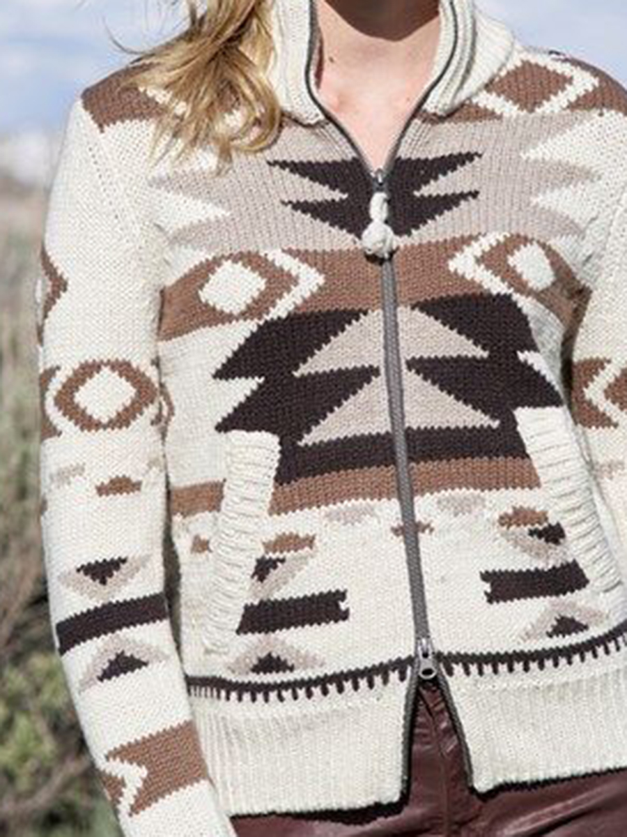 Retro printed zipper knitted cardigan