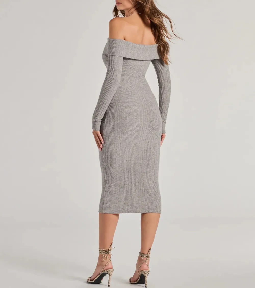 Perfect Curves Ribbed Knit Off-The-Shoulder Midi Dress