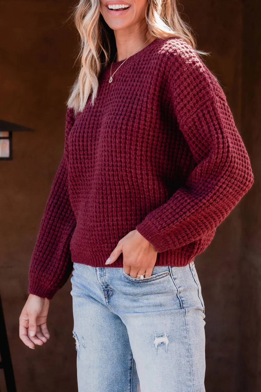 Burgundy Ribbed Waffle Knit Sweater