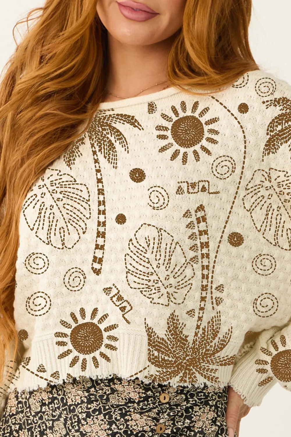 Cream Patterned Knit Mid Length Sweater