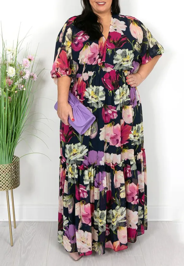 Navy and Pink Floral Maxi Dress