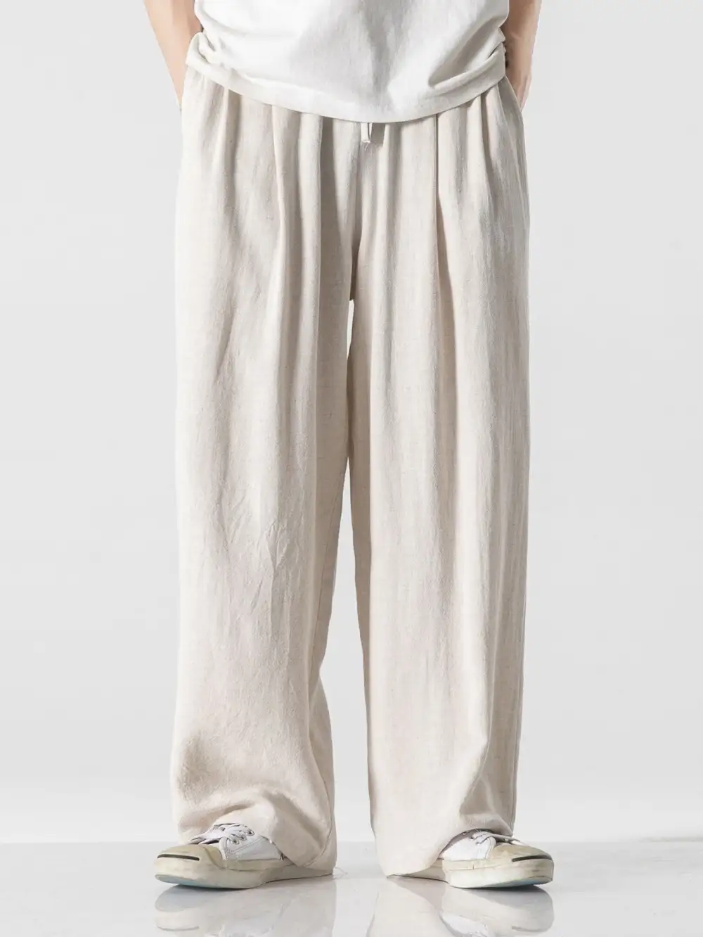 Linen And Cotton Blend Relax Fit Wide Leg Pants