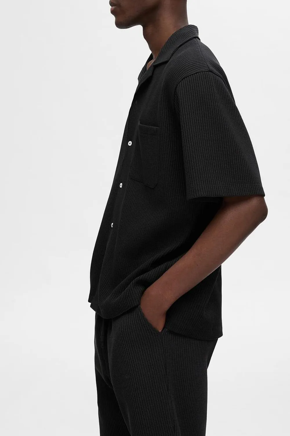 Black Cuban Collar Co-ord Set Shirt