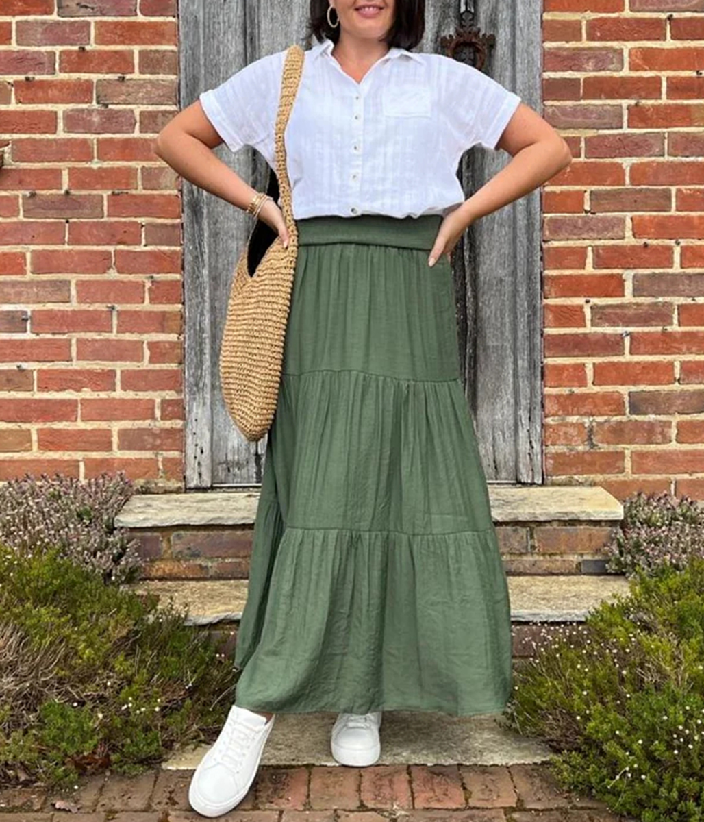 Khaki Tiered Maxi Skirt