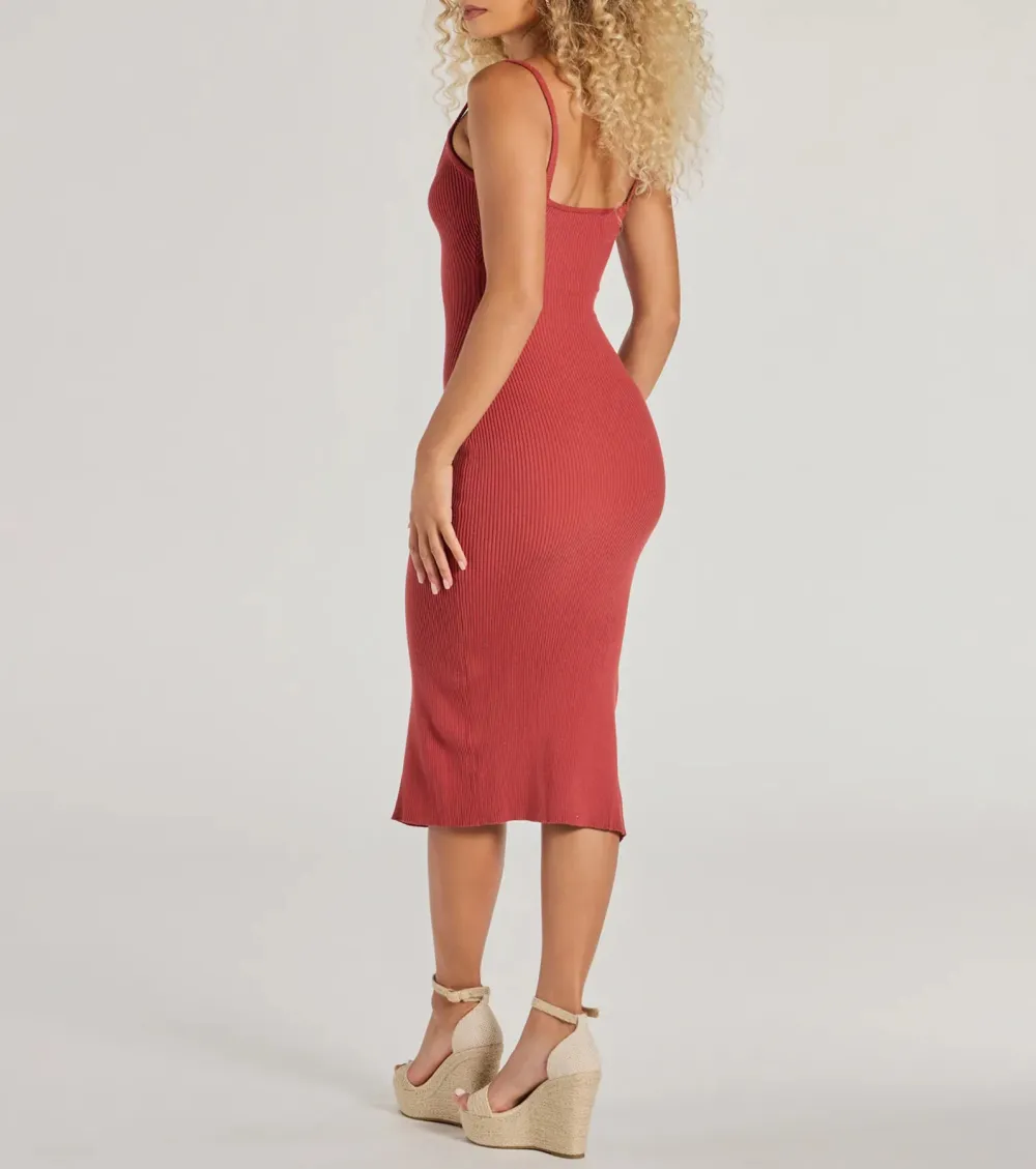 Toasty Sweetheart V-Neck Bodycon Knit Midi Dress