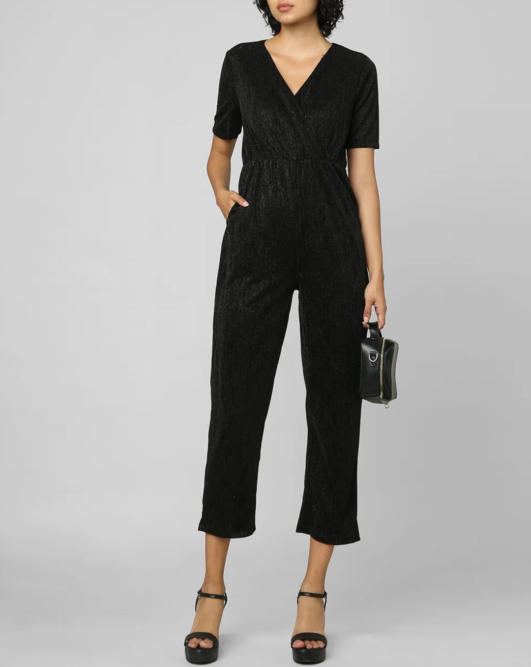 Black Wrapover Shimmer Jumpsuit