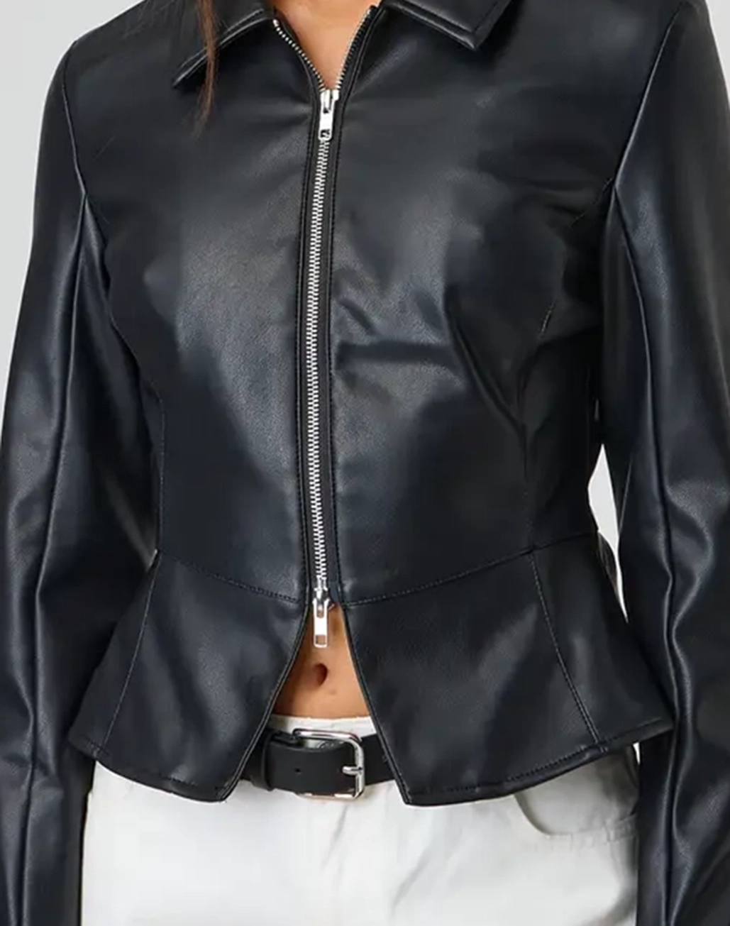 Faux Leather Fitted Peplum Jacket