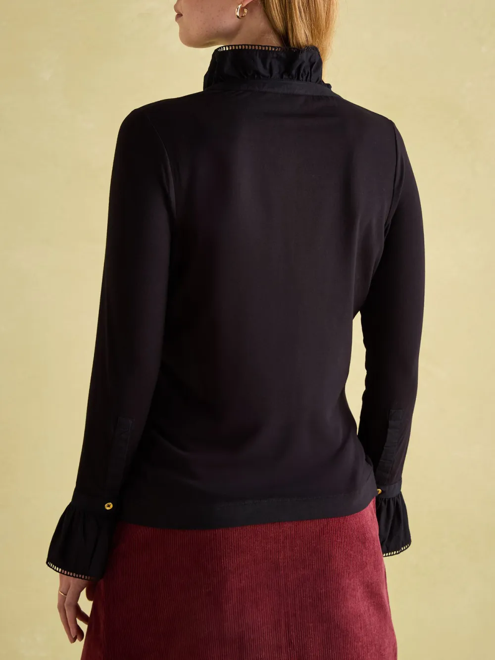 Kate Black Long Sleeve Frilled Neck Top