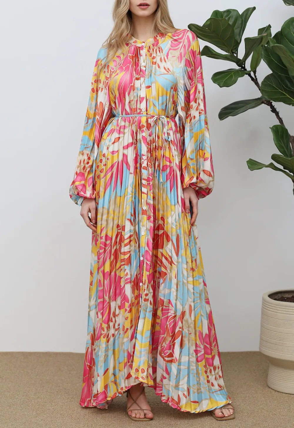 CORAL TROPICAL PRINTED FULL PLEATS BUTTON DOWN ASYMMETRIC MAXI DRESS