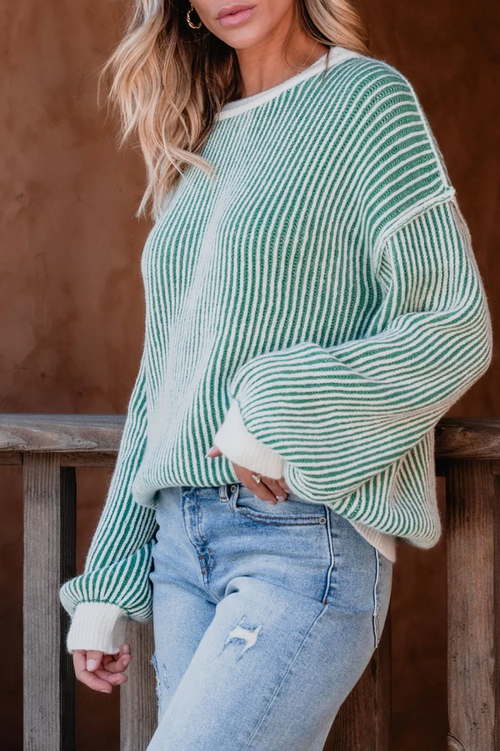 Green Striped Seam Detail Sweater