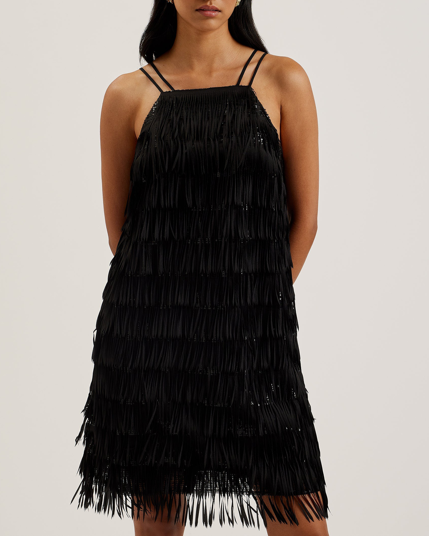 Bartin Fringe Halter Neck Mini Dress Black