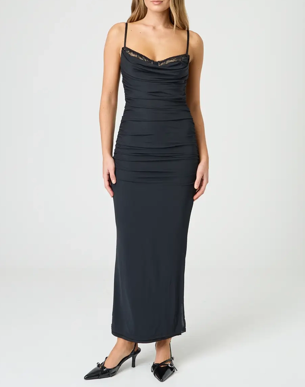 Picot Ruched Maxi Dress