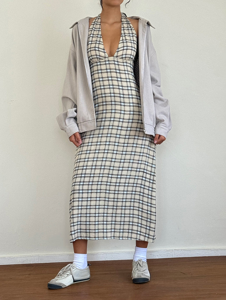 Lenata Halterneck Midi Dress In Pastel Blue Tartan