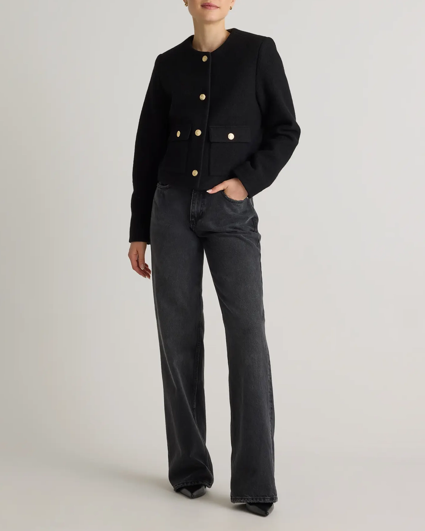 Collarless Cropped 100% Merino Wool Jacket