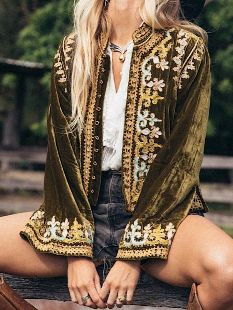 Women's Embroidered Velvet Long Sleeve Cardigan