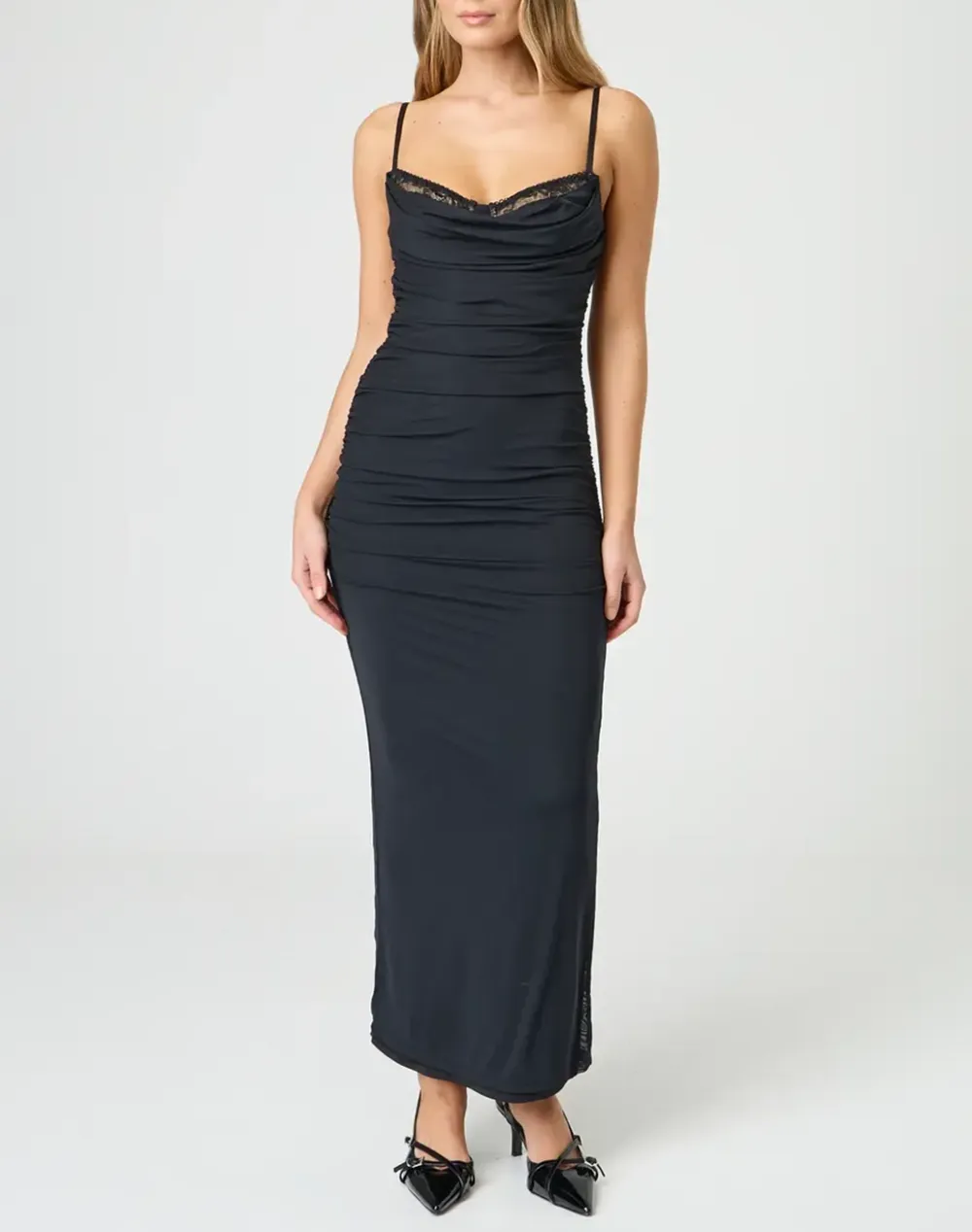 Picot Ruched Maxi Dress