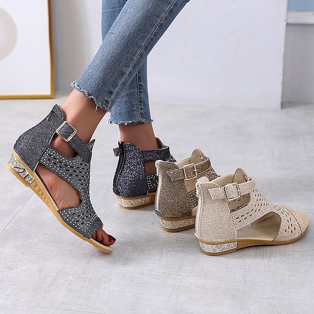 Women's Sandals Wedge Sandals Plus Size Party Outdoor Work Summer Spring Rhinestone Wedge Heel Peep Toe Elegant Classic Casual Faux Leather Zipper Solid Color Black Gold Beige