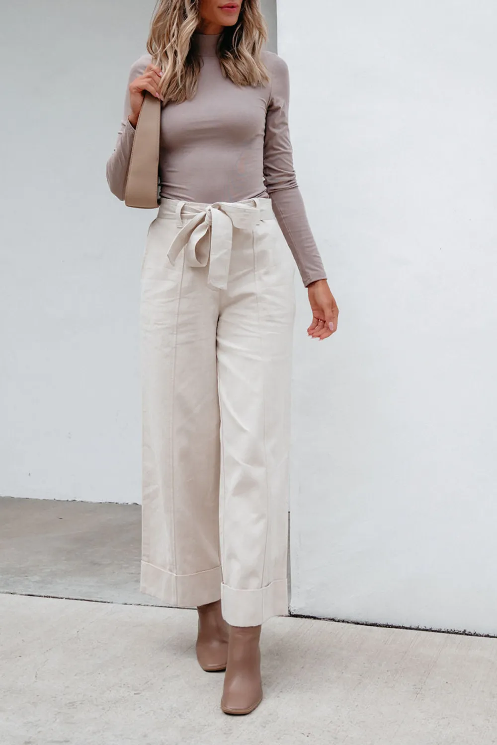 Belted Wide Leg Cuffed Pants - Natural