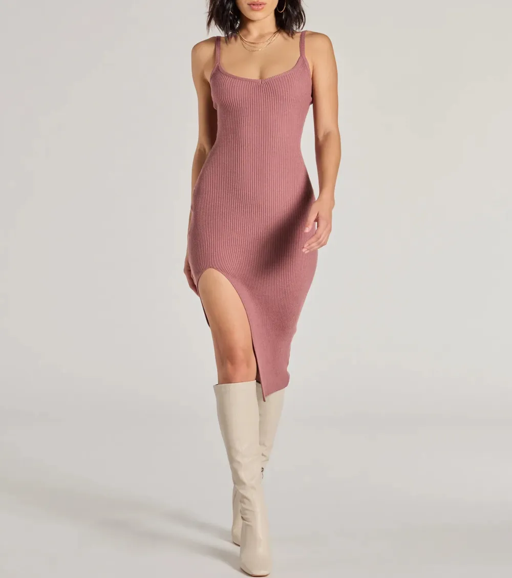 Toasty Sweetheart V-Neck Bodycon Knit Midi Dress