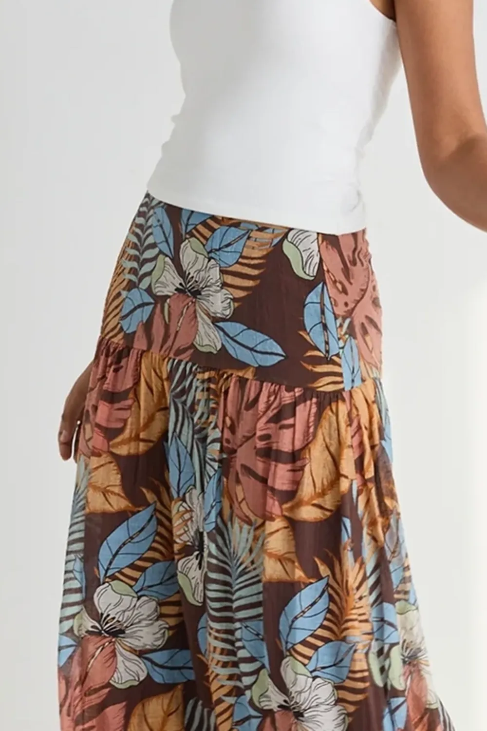 Sway Tropical Chocolate Print Flat Basque Midi Skirt