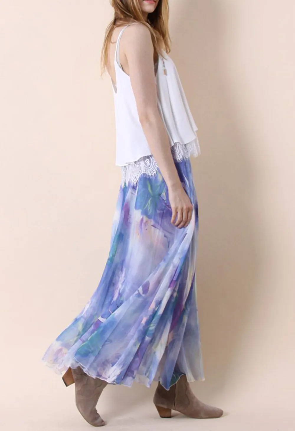 DANCING WATERCOLOR FLORAL MAXI SKIRT IN VIOLET