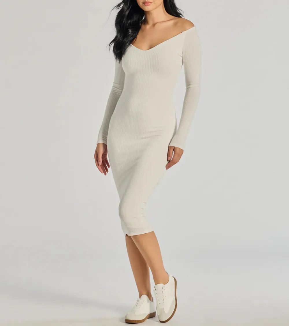 Sleek Vibes Off The Shoulder Knit Midi Dress