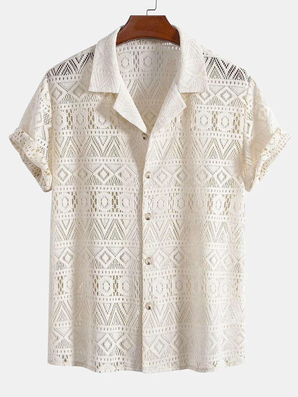 Short Sleeve Geometry Textured Cuban Shirt