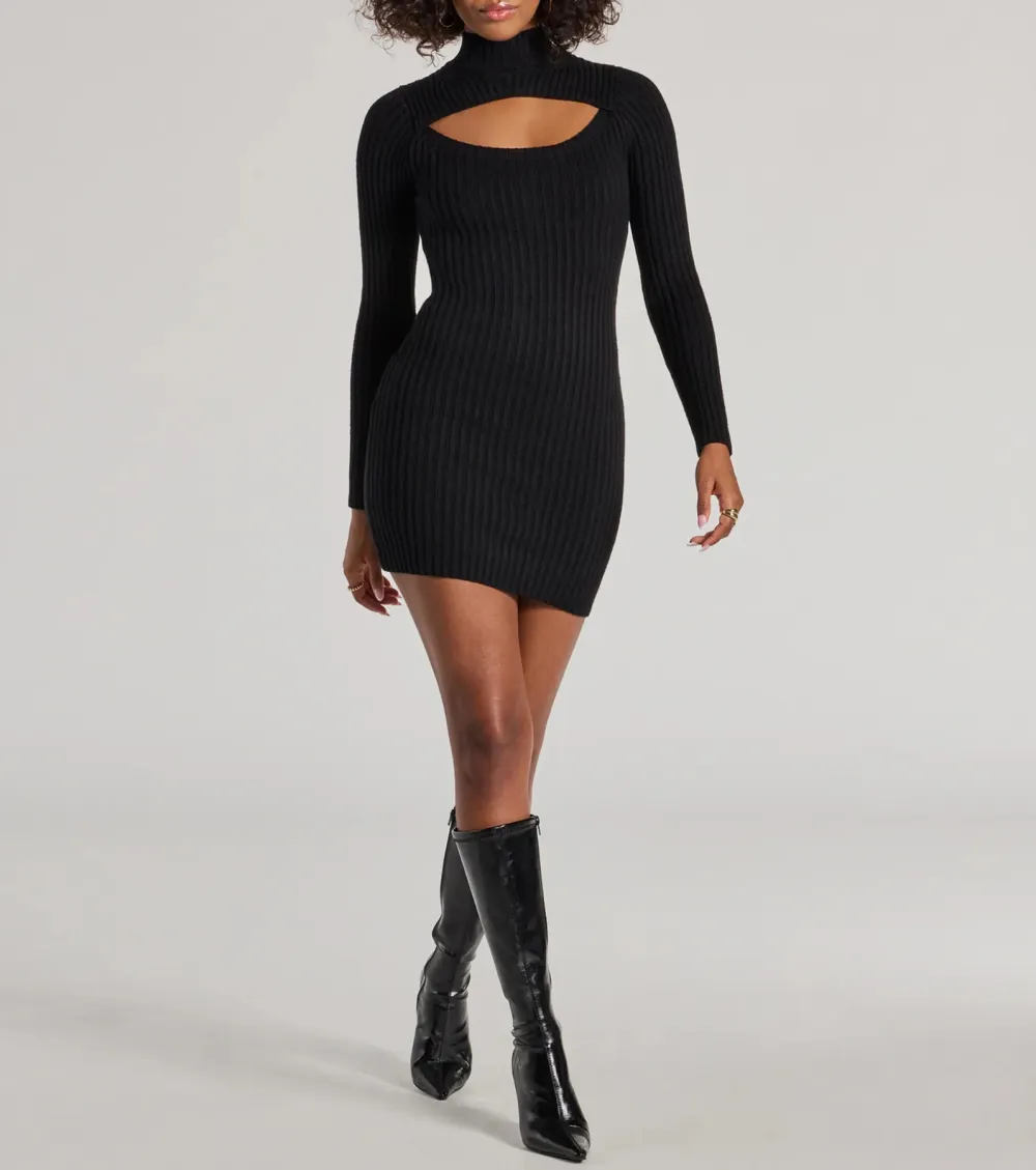 Chic Season Mock Neck Cutout Ribbed Knit Mini Dress