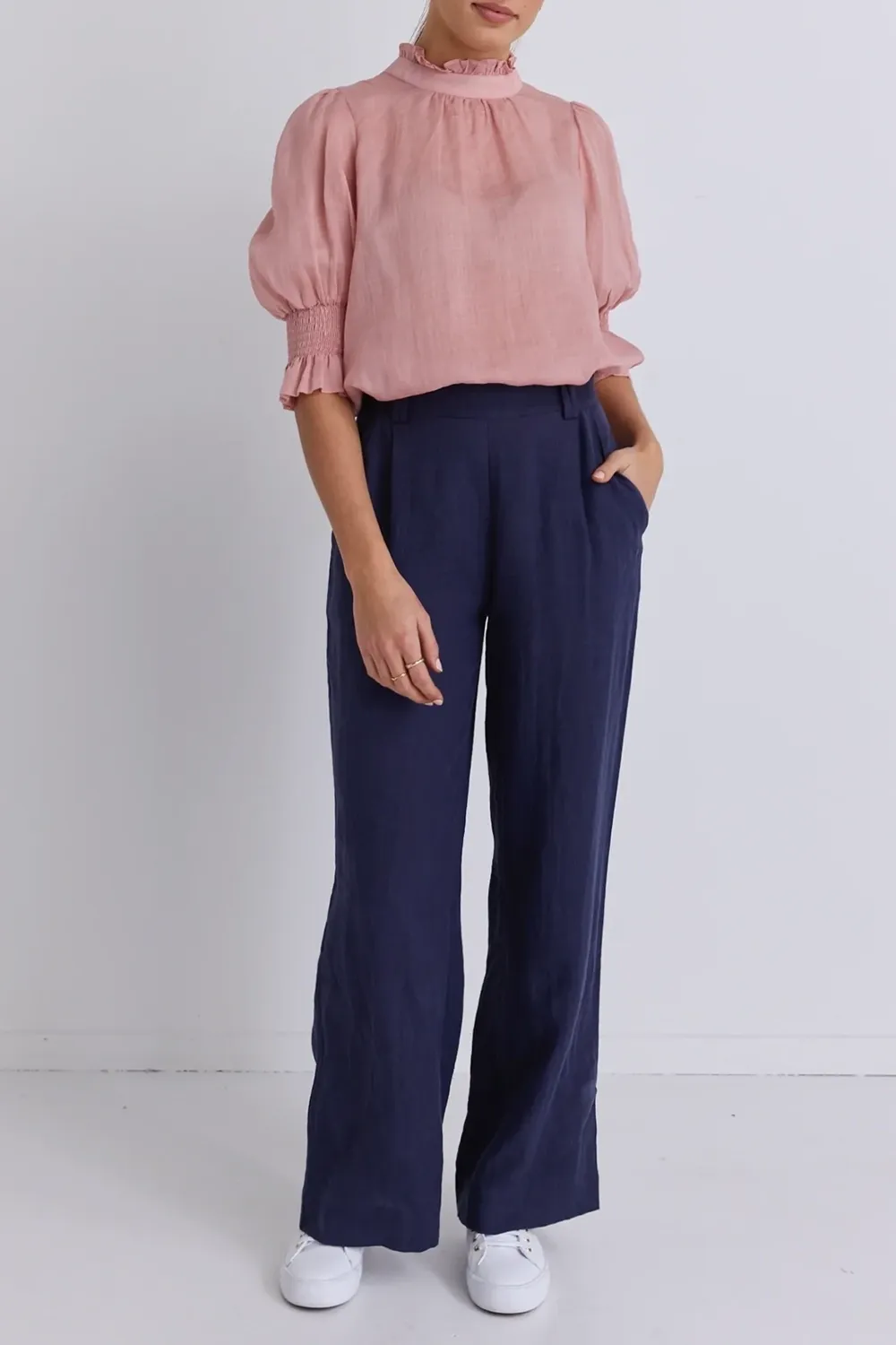 Bestow Navy Linen Elastic Back Wide Leg Pants