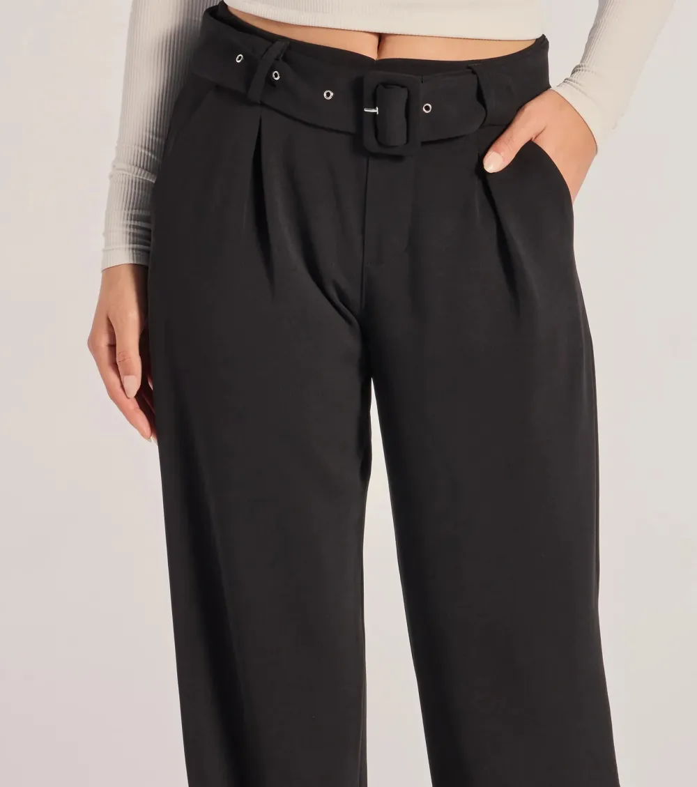 Sleek Impression Belted Straight-Leg Trouser Pants