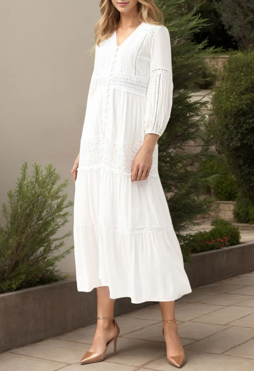 BUTTON DOWN CROCHET EMBROIDERED BOHO MAXI DRESS IN WHITE