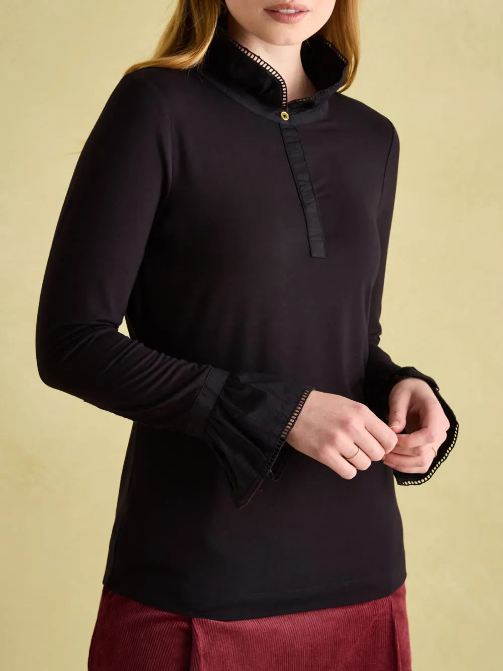 Kate Black Long Sleeve Frilled Neck Top