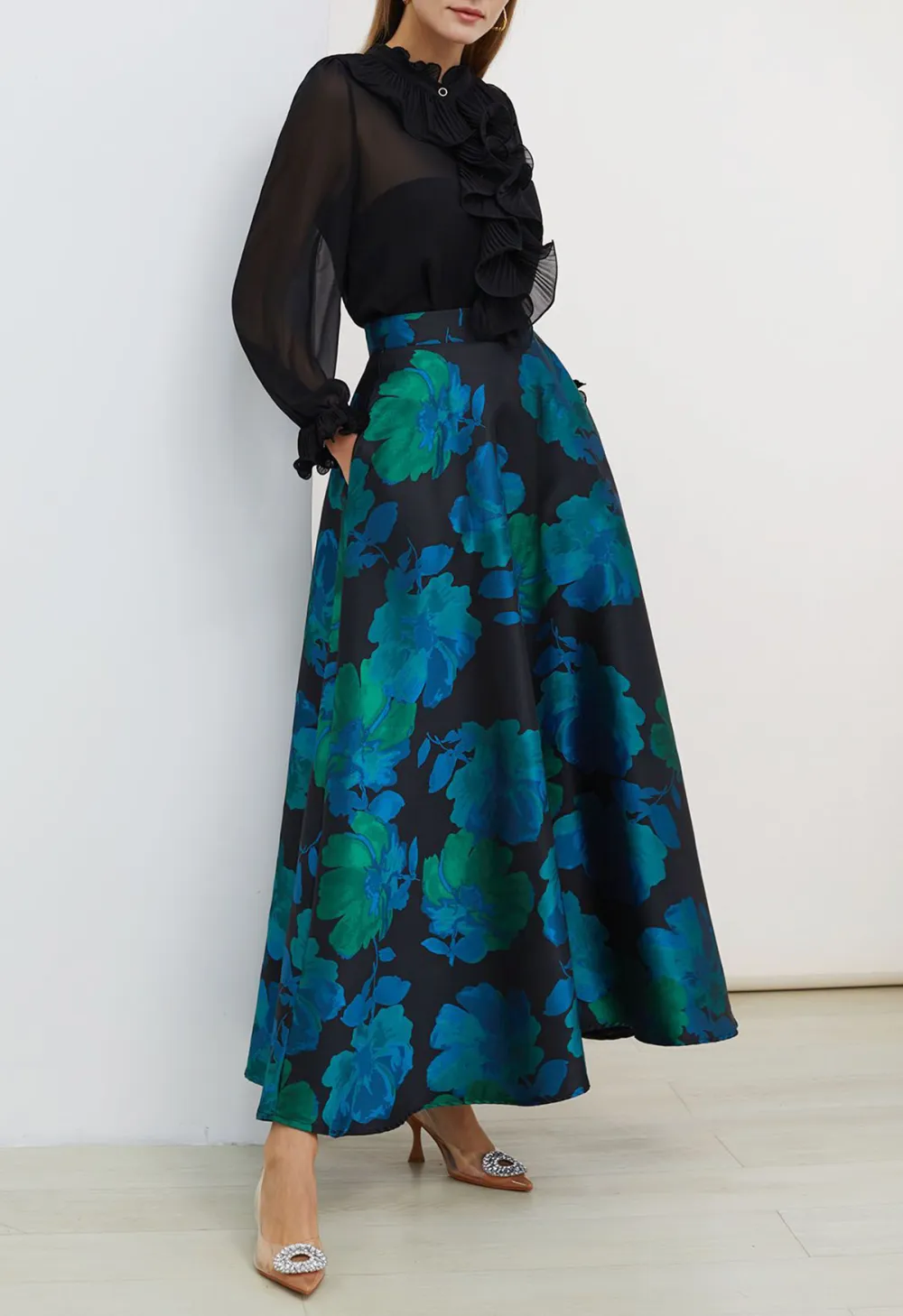 FLORAL MELODY JACQUARD A-LINE MAXI SKIRT IN TEAL