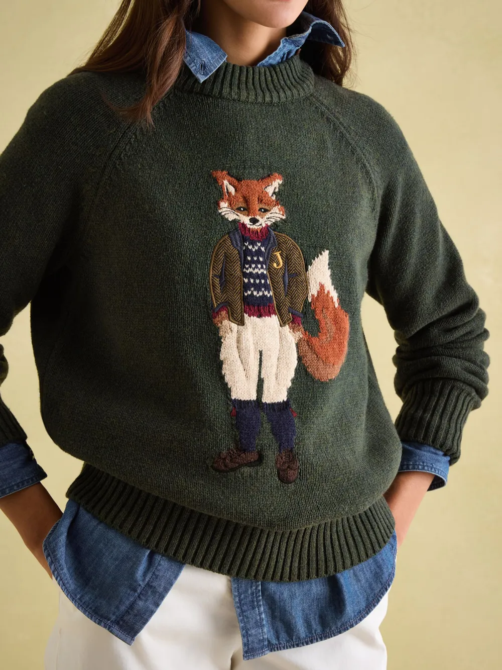 Jonty Dark Green Intarsia Fox Knit Jumper