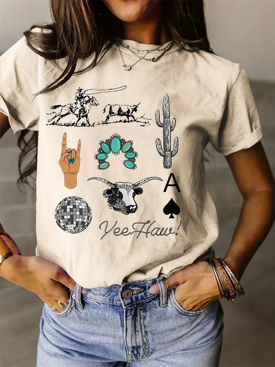 Western denim printed fashionable round neck casual T-shirt