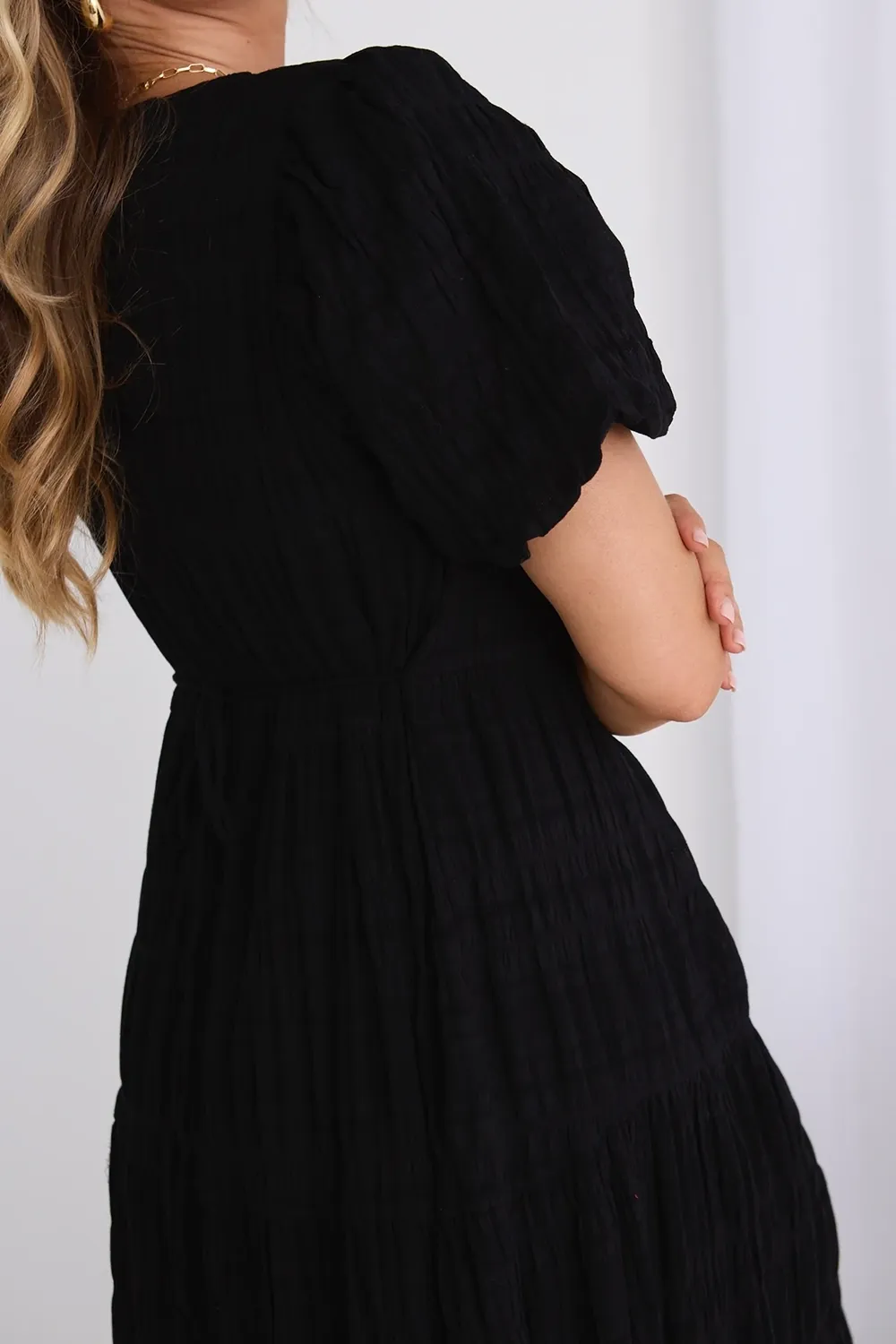 Graceful Black Shirred Cotton Bubble Sleeve Tiered Maxi Dress