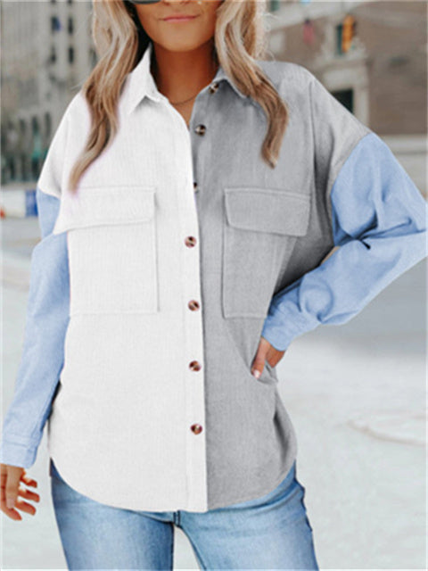 Color Block Buttons Shirt With Pockets