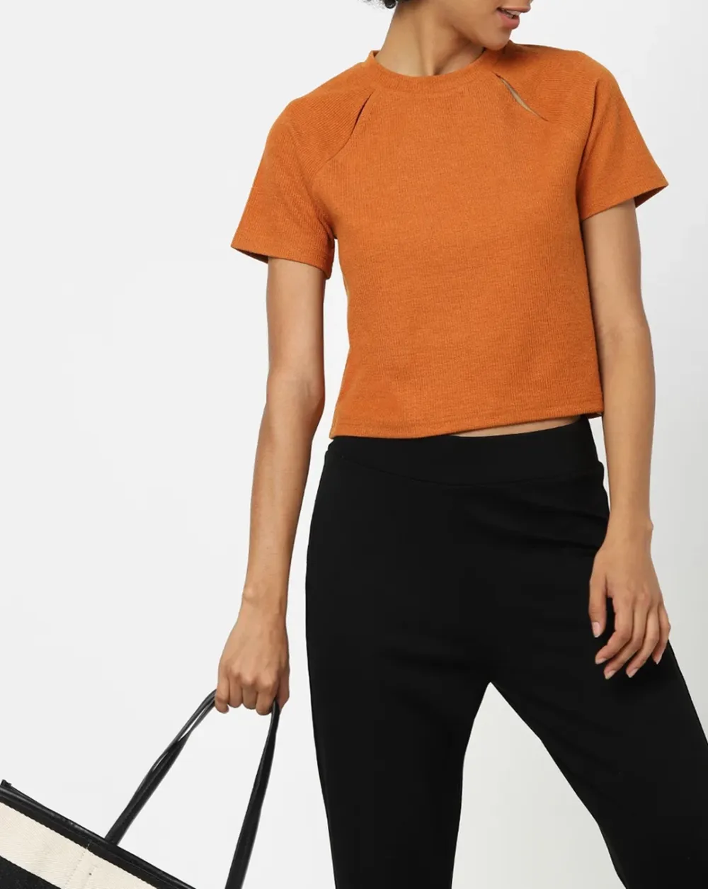 Brown Cut-Out Knit Cropped T-shirt