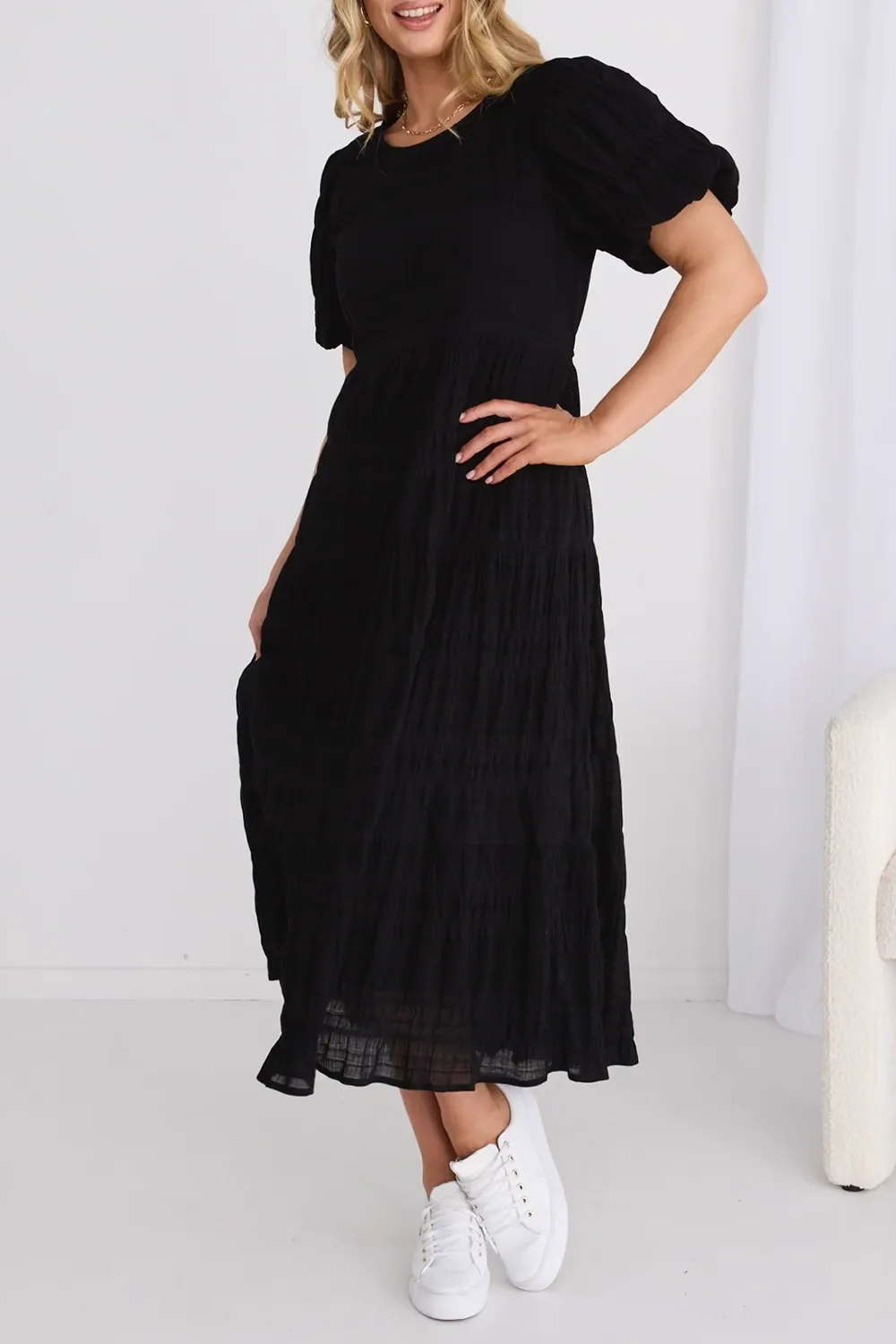 Graceful Black Shirred Cotton Bubble Sleeve Tiered Maxi Dress