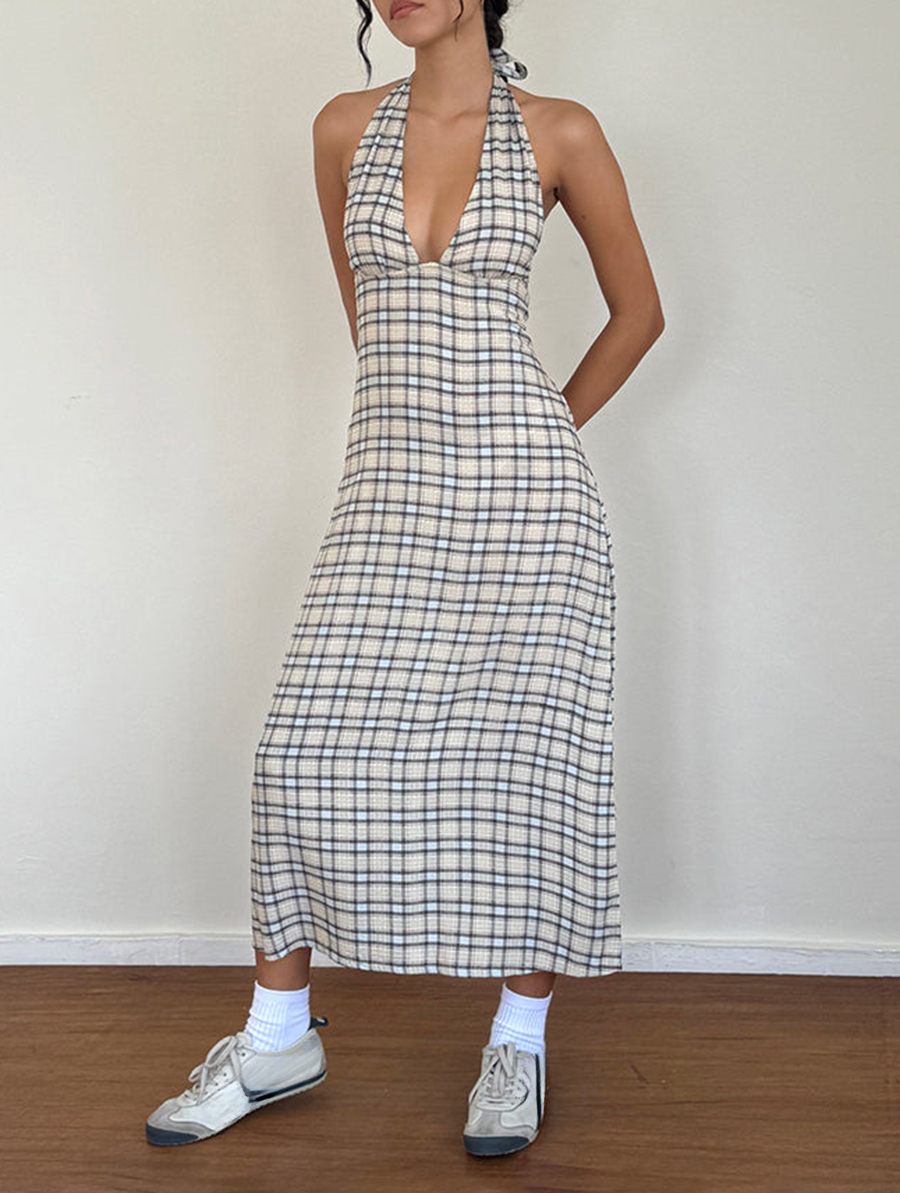 Lenata Halterneck Midi Dress In Pastel Blue Tartan