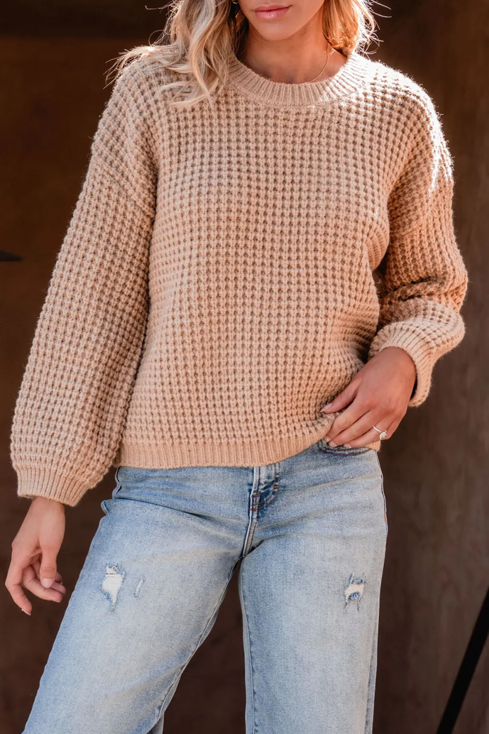 Camel Ribbed Waffle Knit Sweater