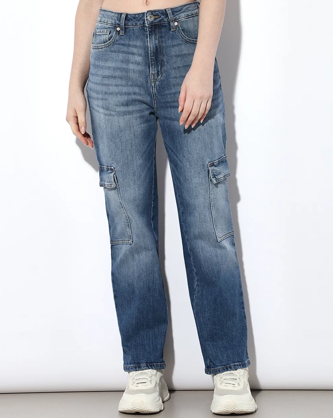 Blue High Rise Cargo Jeans