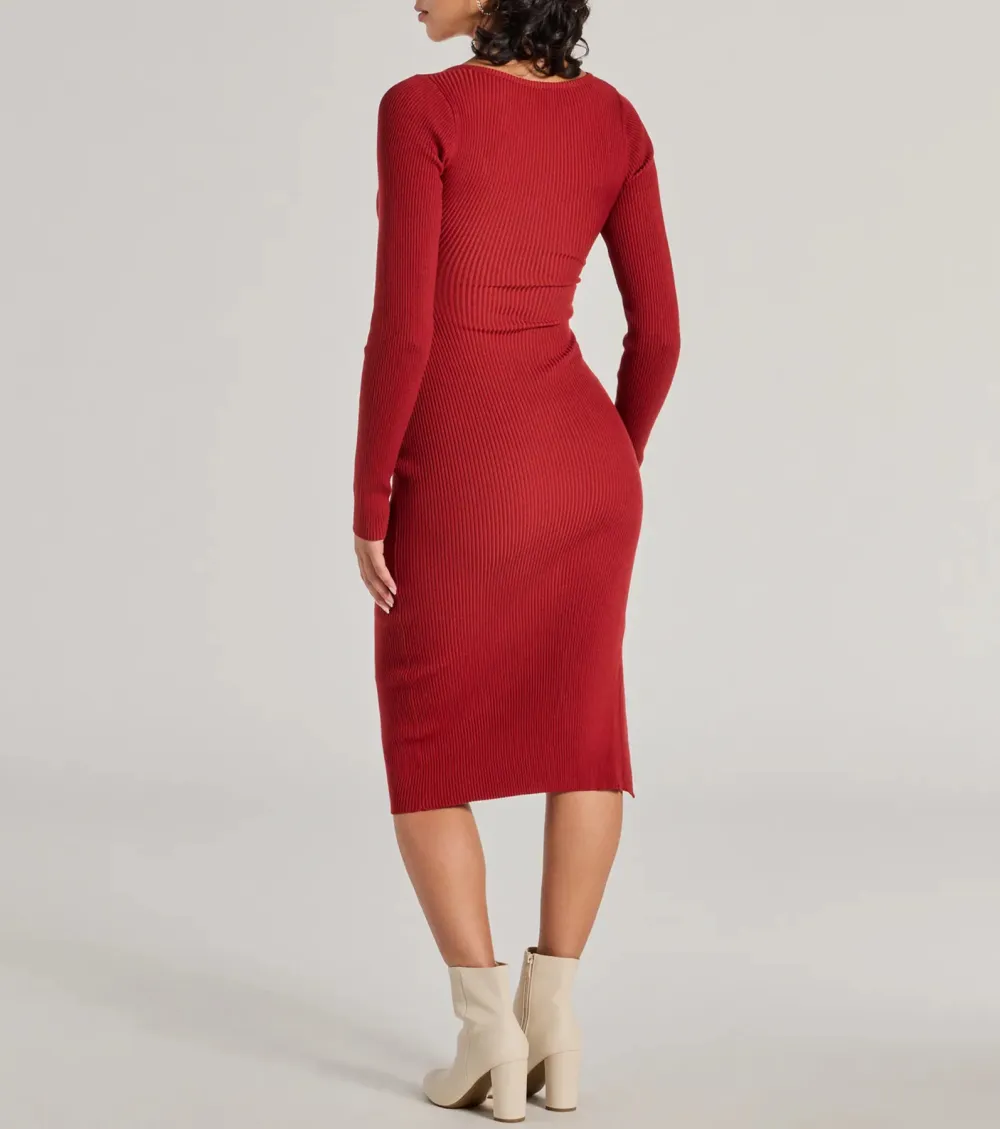 Sleek Essential Ribbed Knit High Slit Midi Dress