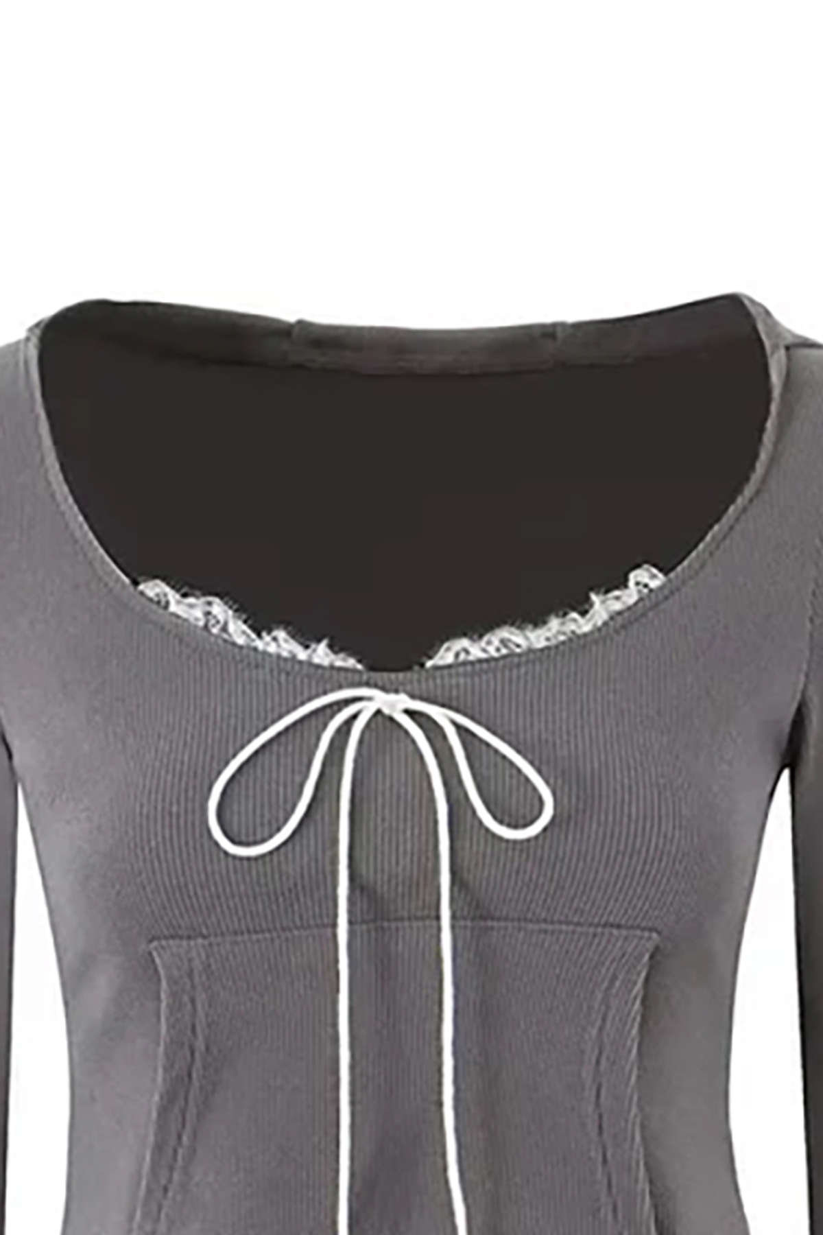 Cute Bow Lace Scoop Neck Kangaroo Pocket Ribbed Crop Hooded Top