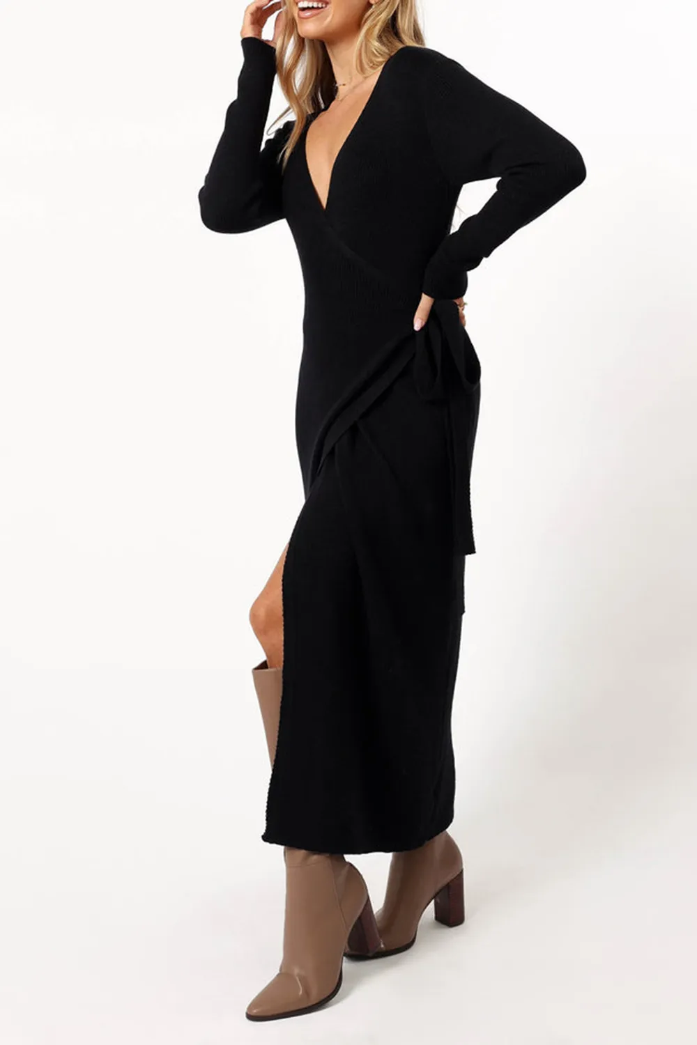 KELLAN WRAP MIDI DRESS - BLACK