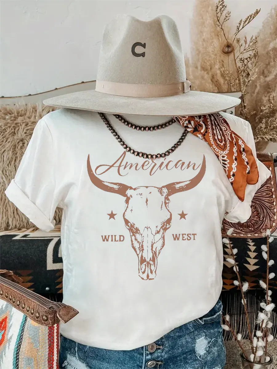 Wild West Bull Head Pattern Round Neck T-shirt