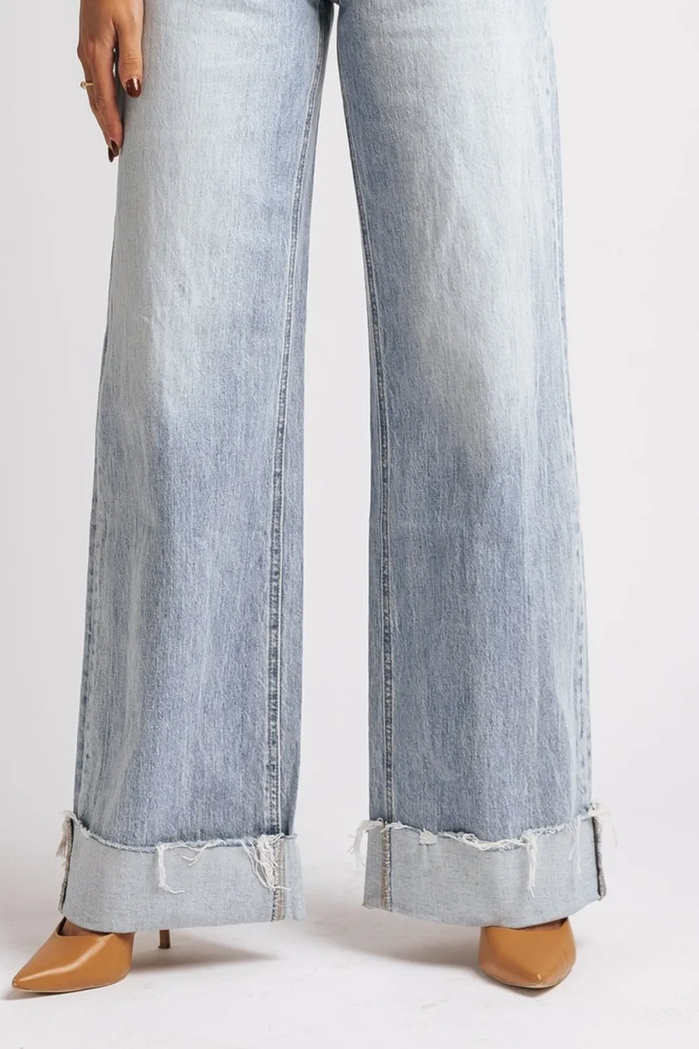 Light Wash Baggy Cuffed Wide Leg Jeans