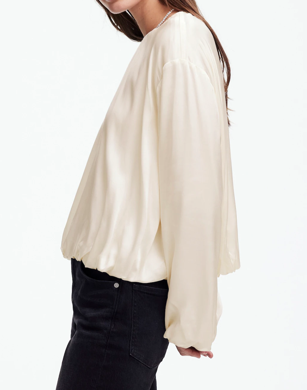 Long-Sleeve Bubble-Hem Top in Satin