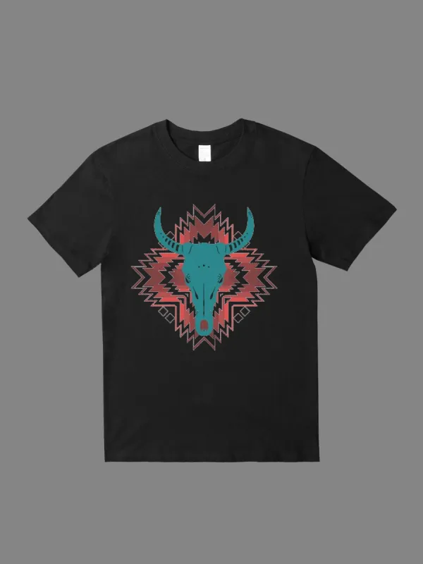 Azbek Pattern Bull Head Printed T-shirt